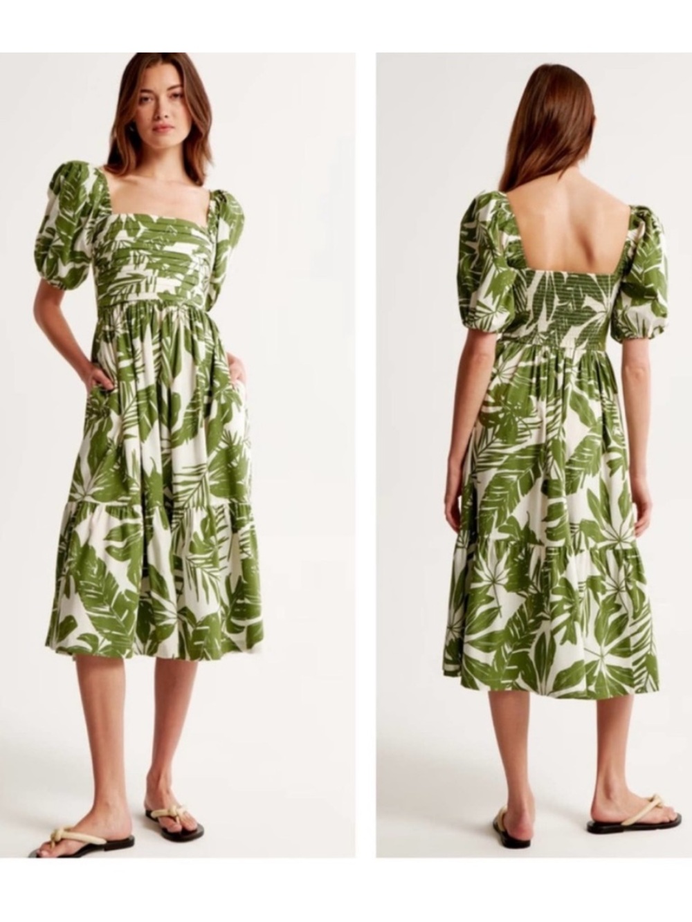 Abercrombie and Fitch Green Leaf-Print Puff Sleeve Midi Dress